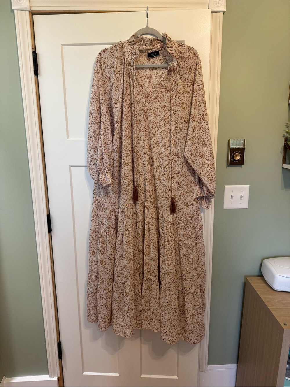 Vici Beige Floral Tie-Neck Maxi Dress